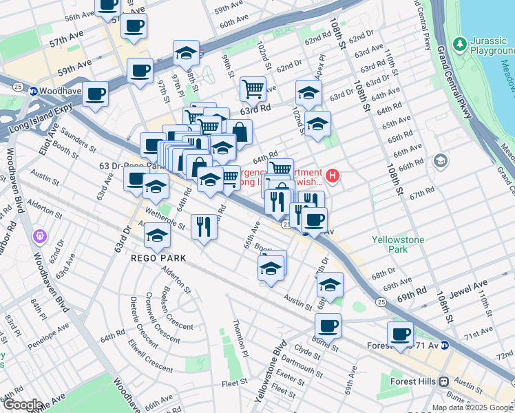 map of restaurants, bars, coffee shops, grocery stores, and more near 98-28 Queens Boulevard in Queens
