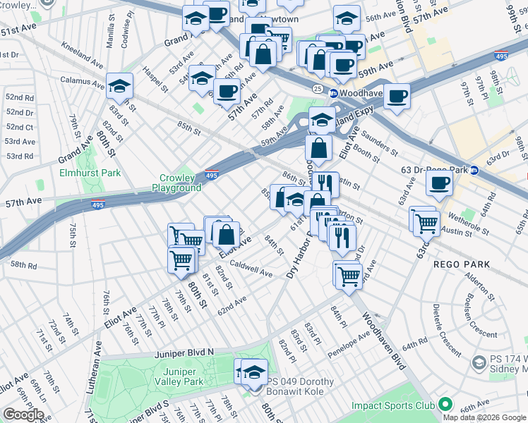 map of restaurants, bars, coffee shops, grocery stores, and more near 84-13 60th Drive in Queens