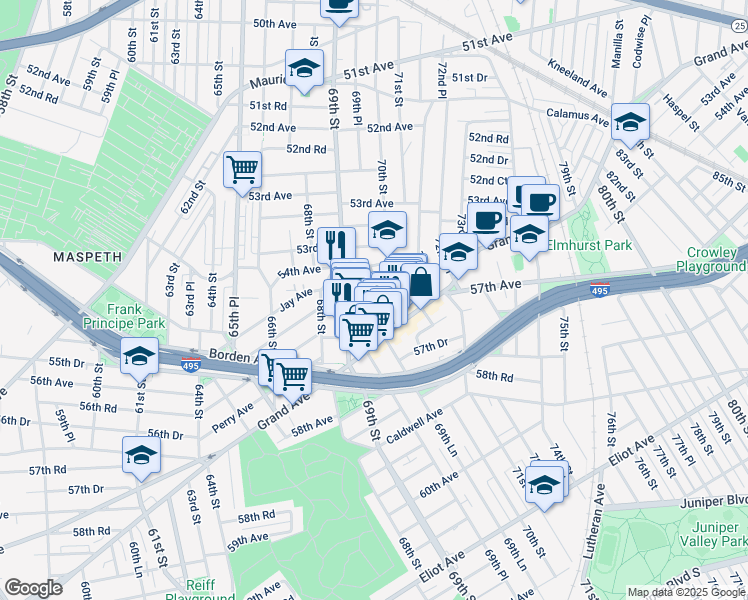 map of restaurants, bars, coffee shops, grocery stores, and more near 54-35 69th Place in Queens