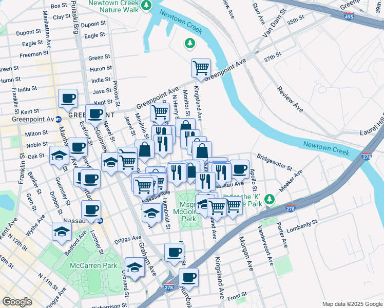map of restaurants, bars, coffee shops, grocery stores, and more near 263 Norman Avenue in Brooklyn