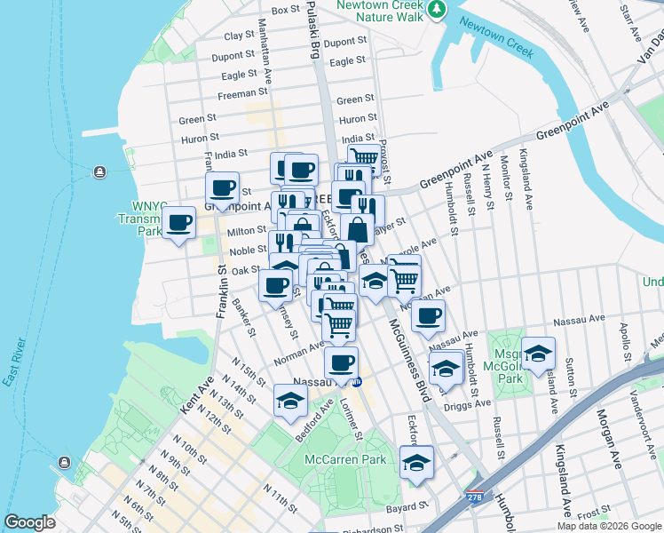 map of restaurants, bars, coffee shops, grocery stores, and more near 257 Eckford Street in Brooklyn