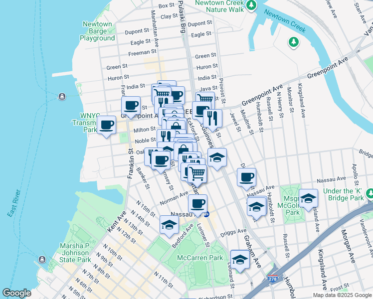 map of restaurants, bars, coffee shops, grocery stores, and more near 802 Manhattan Avenue in Brooklyn