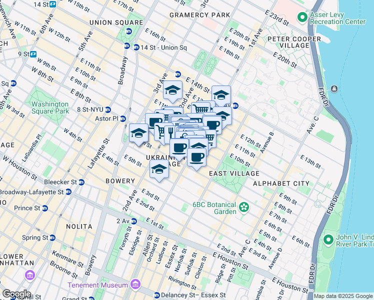 map of restaurants, bars, coffee shops, grocery stores, and more near 69 Saint Marks Place in New York