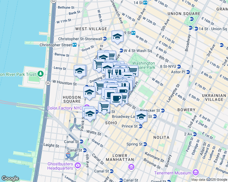 map of restaurants, bars, coffee shops, grocery stores, and more near 171 Sullivan Street in New York