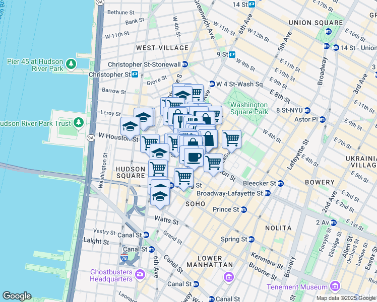 map of restaurants, bars, coffee shops, grocery stores, and more near 173 West Houston Street in New York
