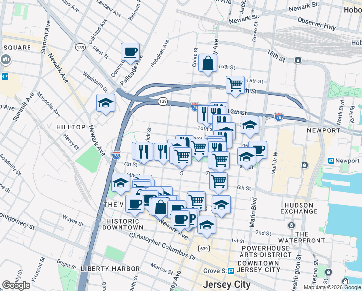 map of restaurants, bars, coffee shops, grocery stores, and more near in Jersey City