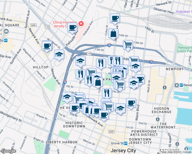 map of restaurants, bars, coffee shops, grocery stores, and more near in Jersey City