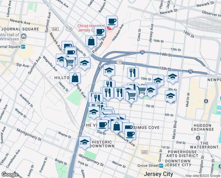 map of restaurants, bars, coffee shops, grocery stores, and more near 231 Brunswick Street in Jersey City