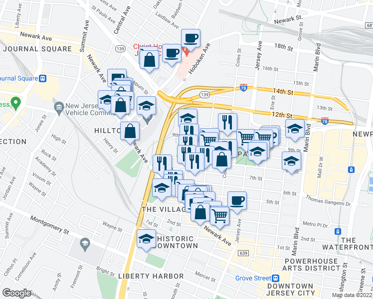 map of restaurants, bars, coffee shops, grocery stores, and more near 231 Brunswick Street in Jersey City
