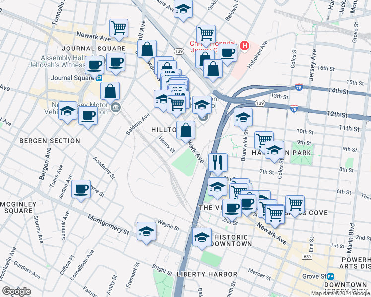 map of restaurants, bars, coffee shops, grocery stores, and more near 108 Waldo Avenue in Jersey City