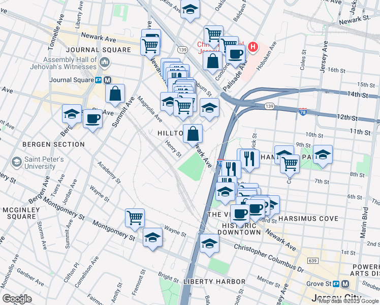 map of restaurants, bars, coffee shops, grocery stores, and more near 108 Waldo Avenue in Jersey City