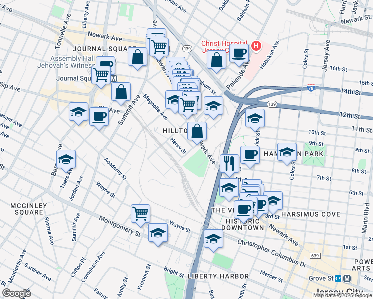 map of restaurants, bars, coffee shops, grocery stores, and more near 11 Henry Street in Jersey City