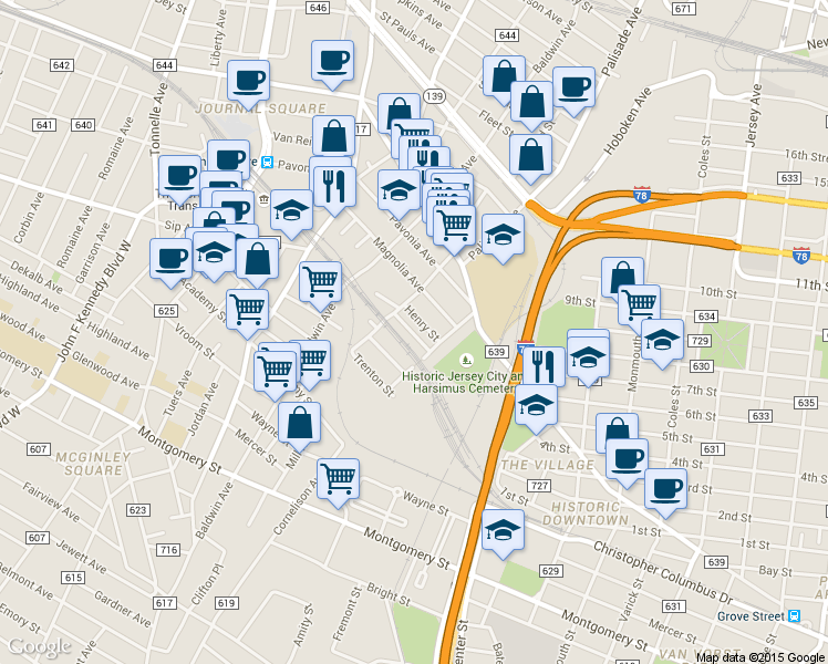 map of restaurants, bars, coffee shops, grocery stores, and more near 11 Henry Street in Jersey City