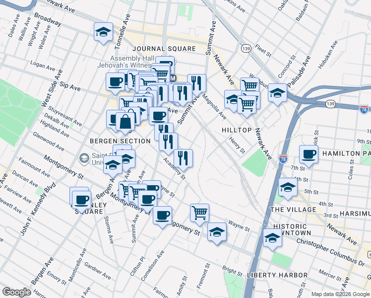 map of restaurants, bars, coffee shops, grocery stores, and more near 173 Baldwin Avenue in Jersey City