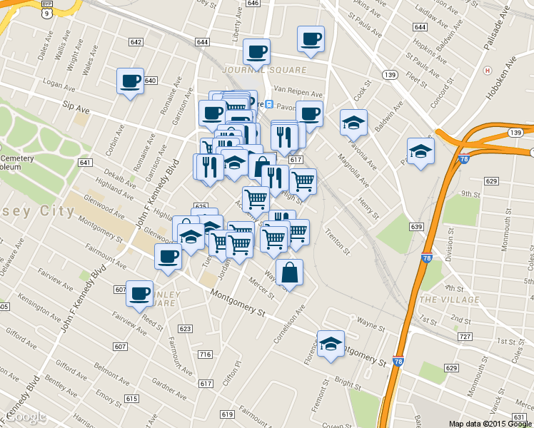 map of restaurants, bars, coffee shops, grocery stores, and more near 32 Rock Street in Jersey City