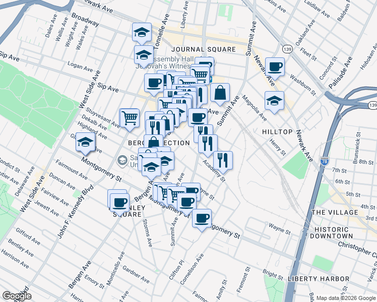 map of restaurants, bars, coffee shops, grocery stores, and more near 221 Academy Street in Jersey City