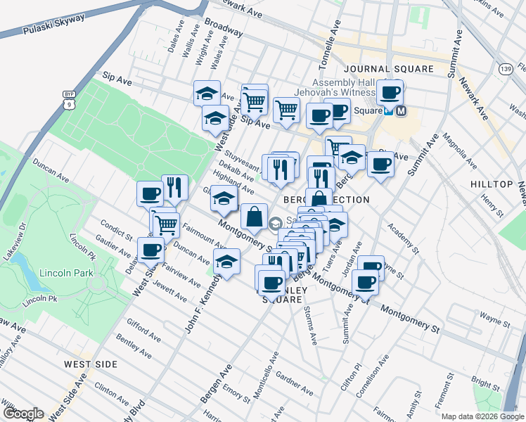 map of restaurants, bars, coffee shops, grocery stores, and more near 98 Glenwood Avenue in Jersey City