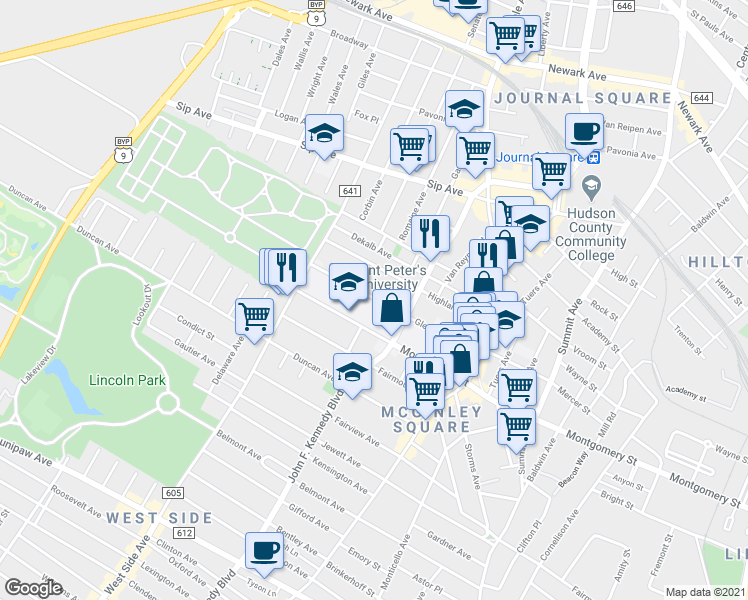 map of restaurants, bars, coffee shops, grocery stores, and more near 98 Glenwood Avenue in Jersey City