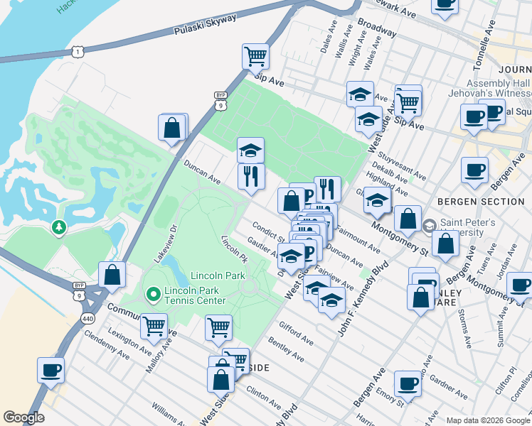 map of restaurants, bars, coffee shops, grocery stores, and more near 251 Duncan Avenue in Jersey City