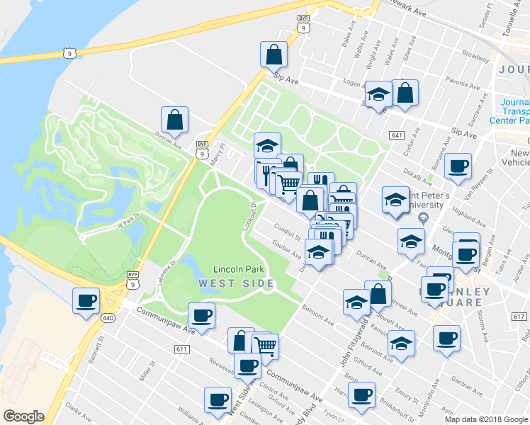 map of restaurants, bars, coffee shops, grocery stores, and more near 251 Duncan Avenue in Jersey City