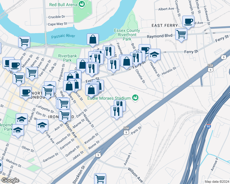 map of restaurants, bars, coffee shops, grocery stores, and more near 63 Saint Charles Street in Newark
