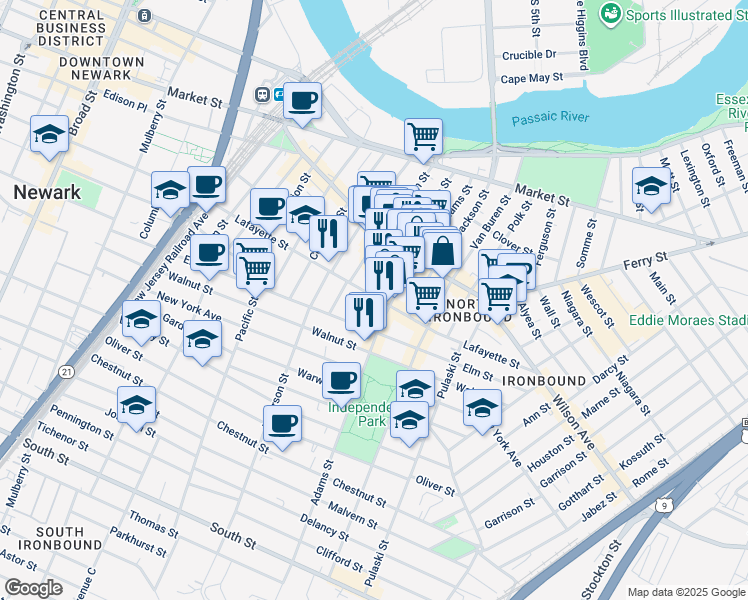 map of restaurants, bars, coffee shops, grocery stores, and more near 281 Lafayette Street in Newark