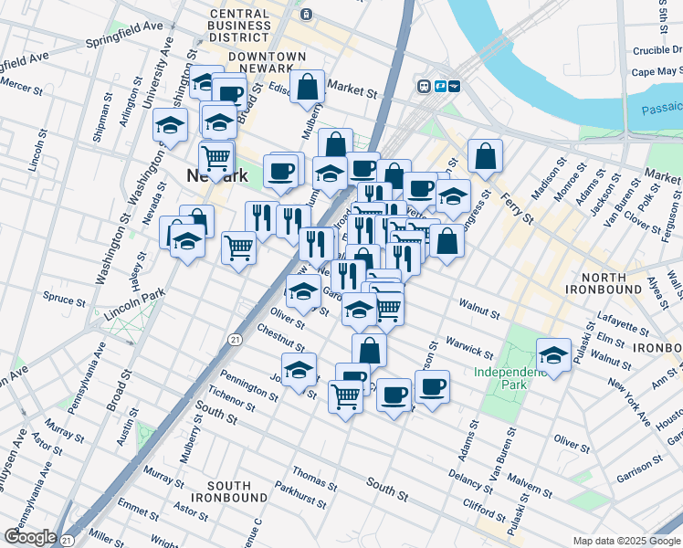 map of restaurants, bars, coffee shops, grocery stores, and more near 23 New York Avenue in Newark