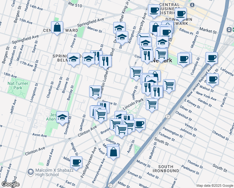 map of restaurants, bars, coffee shops, grocery stores, and more near 22 Longworth Street in Newark