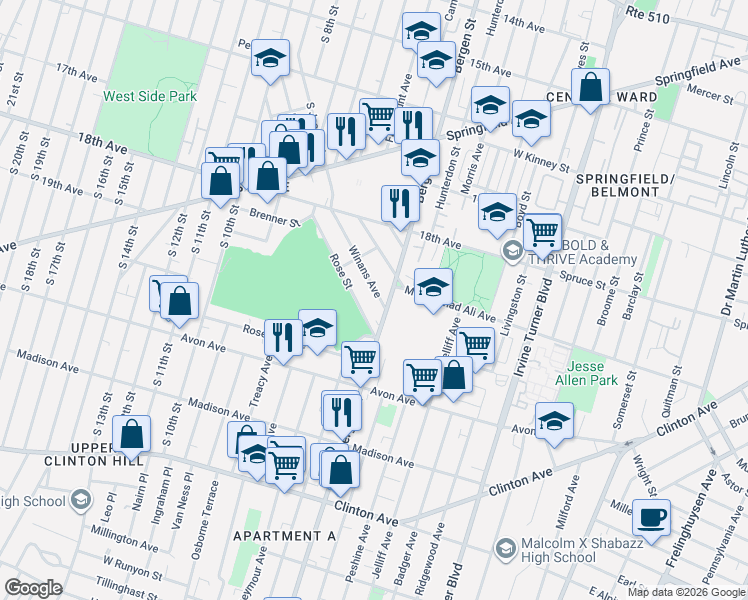 map of restaurants, bars, coffee shops, grocery stores, and more near 94-98 Winans Avenue in Newark