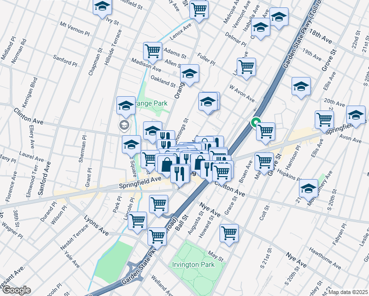 map of restaurants, bars, coffee shops, grocery stores, and more near 25 Linden Avenue in Irvington