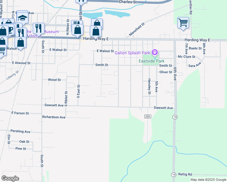 map of restaurants, bars, coffee shops, grocery stores, and more near 402 1st Avenue in Galion