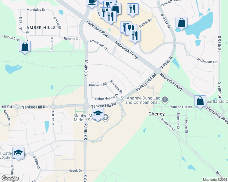 map of restaurants, bars, coffee shops, grocery stores, and more near 8331 Flintlock Circle in Lincoln