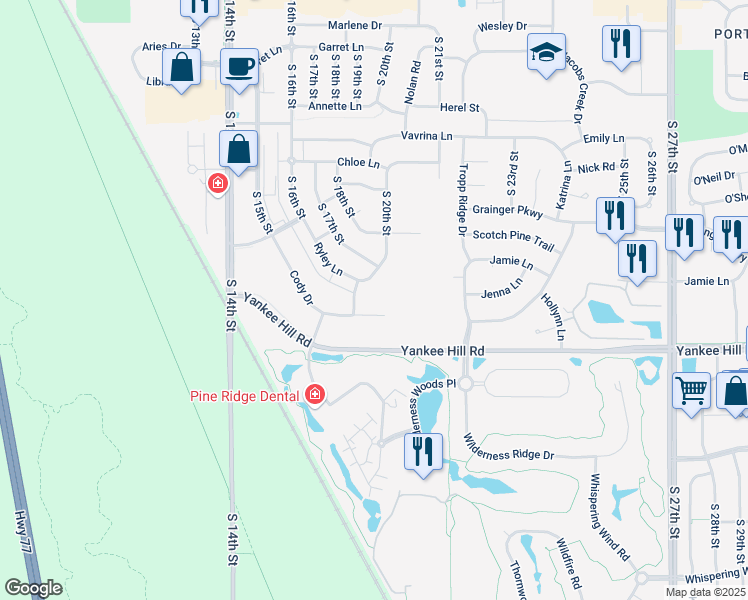 map of restaurants, bars, coffee shops, grocery stores, and more near 8450 Cody Drive in Lincoln