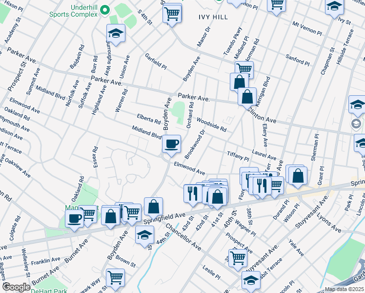 map of restaurants, bars, coffee shops, grocery stores, and more near 22 Orchard Road in Maplewood