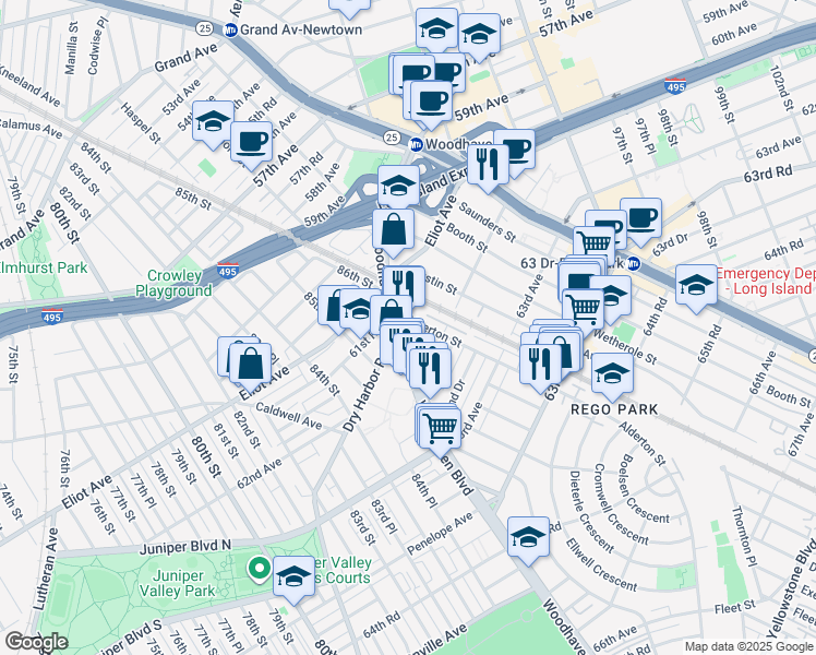 map of restaurants, bars, coffee shops, grocery stores, and more near 61-35 Woodhaven Boulevard in Queens