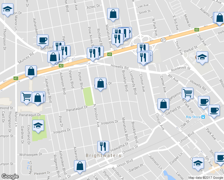 map of restaurants, bars, coffee shops, grocery stores, and more near 528 Richland Boulevard in Brightwaters