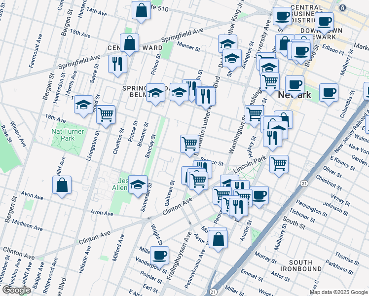 map of restaurants, bars, coffee shops, grocery stores, and more near 74b Quitman Street in Newark