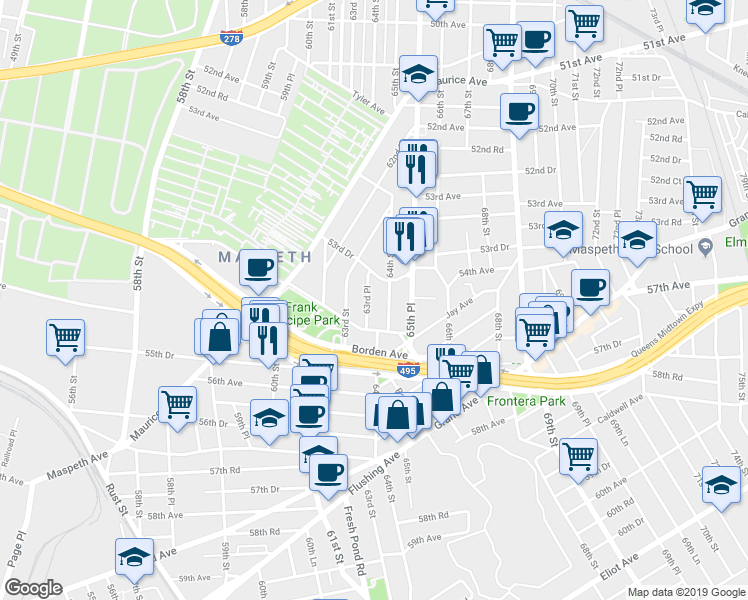 map of restaurants, bars, coffee shops, grocery stores, and more near 54-35 63rd Place in Queens
