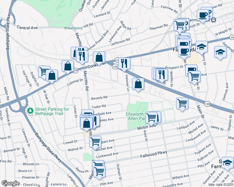 map of restaurants, bars, coffee shops, grocery stores, and more near 9 Beverly Road in Farmingdale