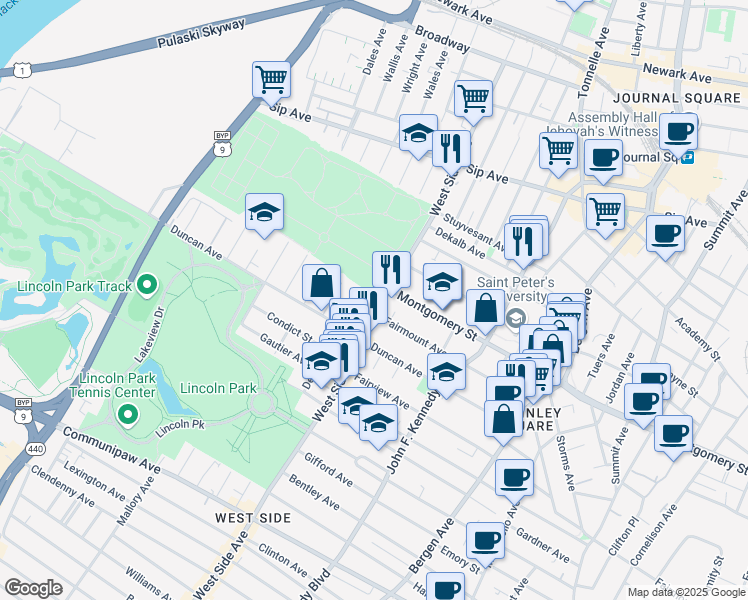 map of restaurants, bars, coffee shops, grocery stores, and more near 819 West Side Avenue in Jersey City