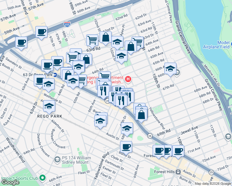 map of restaurants, bars, coffee shops, grocery stores, and more near 6611 99th Street in Queens