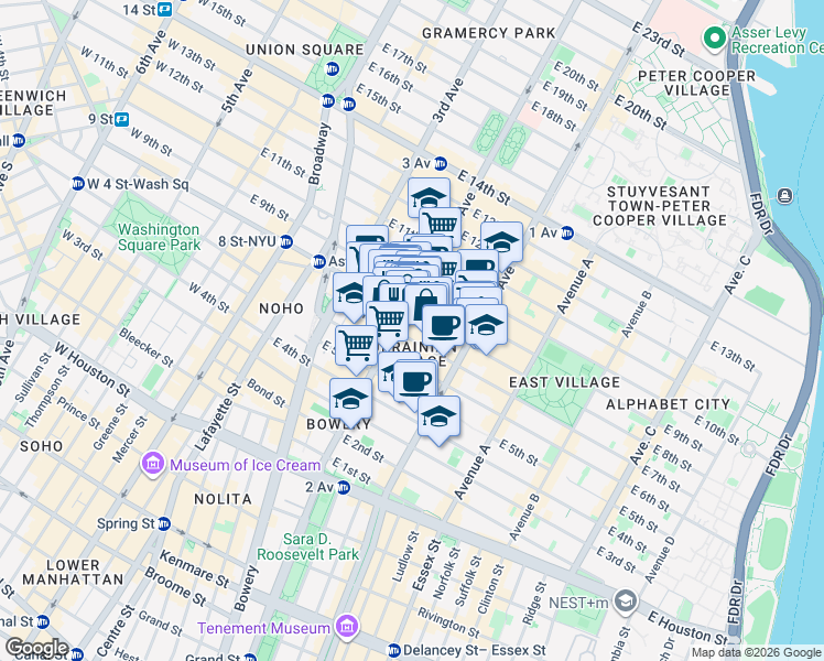 map of restaurants, bars, coffee shops, grocery stores, and more near 122 2nd Avenue in New York