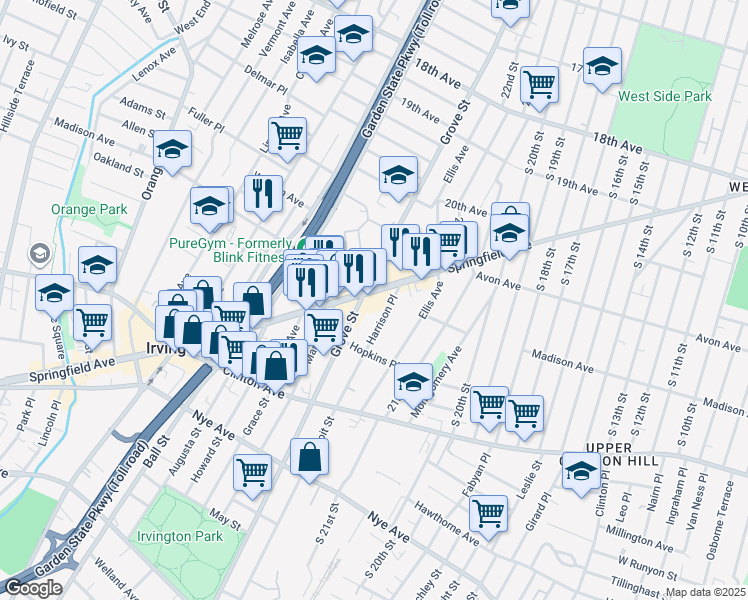 map of restaurants, bars, coffee shops, grocery stores, and more near 841 Springfield Avenue in Irvington