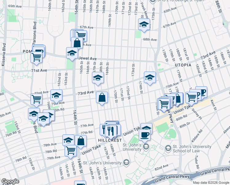 map of restaurants, bars, coffee shops, grocery stores, and more near 73-11 169th Street in Queens