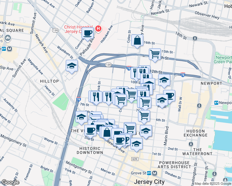 map of restaurants, bars, coffee shops, grocery stores, and more near in Jersey City