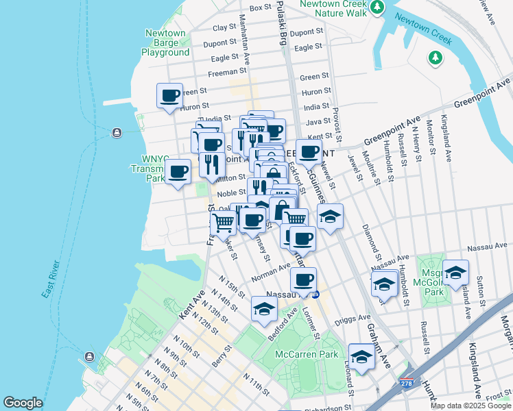 map of restaurants, bars, coffee shops, grocery stores, and more near 1097 Lorimer Street in Brooklyn