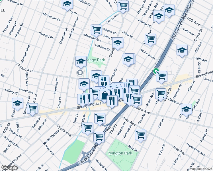 map of restaurants, bars, coffee shops, grocery stores, and more near 1171 Clinton Avenue in Irvington