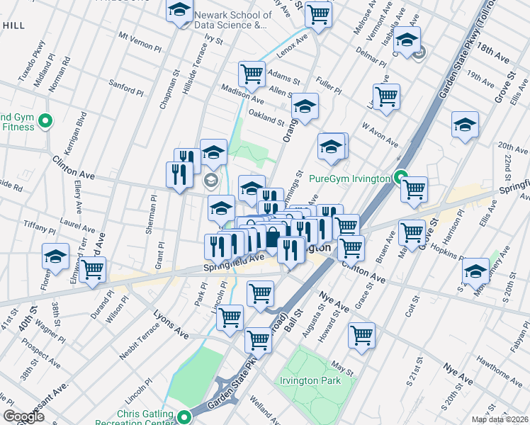 map of restaurants, bars, coffee shops, grocery stores, and more near 53 Orange Avenue in Irvington