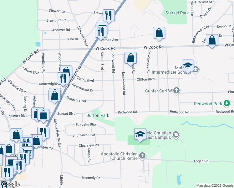 map of restaurants, bars, coffee shops, grocery stores, and more near 1135 Briarwood Road in Mansfield