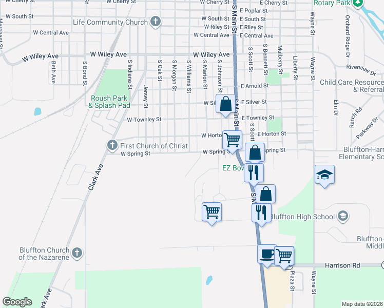 map of restaurants, bars, coffee shops, grocery stores, and more near 320 West Spring Street in Bluffton